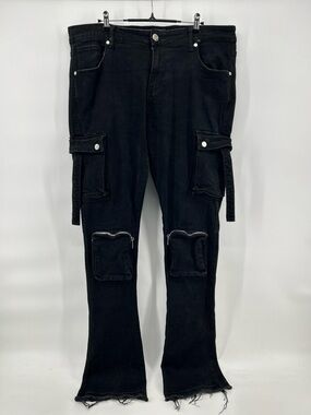 Pheelings Cargo Jeans Mens 38 Black Y2K Techwear Zipper Knee Pockets Edgy Urban